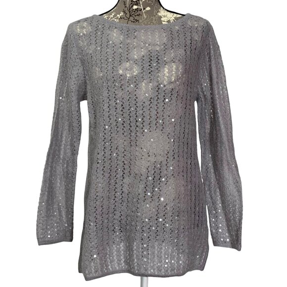 CHELSEA CAMBELL Mohair Blend Sheer Sequins Sweater Side Slits Boat Neck SIZE S - Picture 1 of 8